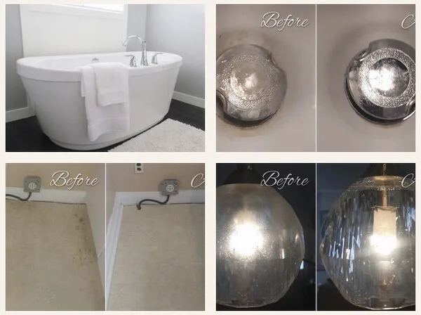 Collage of before and after cleaning results including a tub, sink drain, floor edge, and light fixture