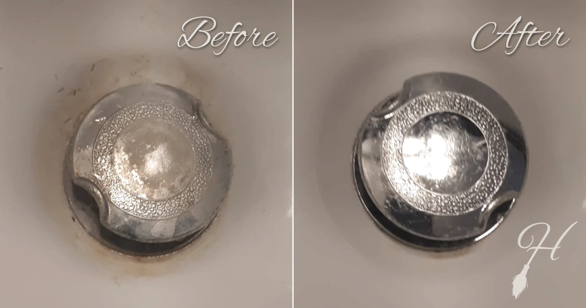 Side-by-side view of buildup removed from a chrome sink drain