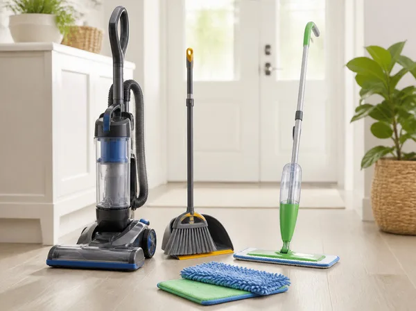 Vacuum, broom, dustpan, spray mop, and clean mop pads arranged in a bright entryway