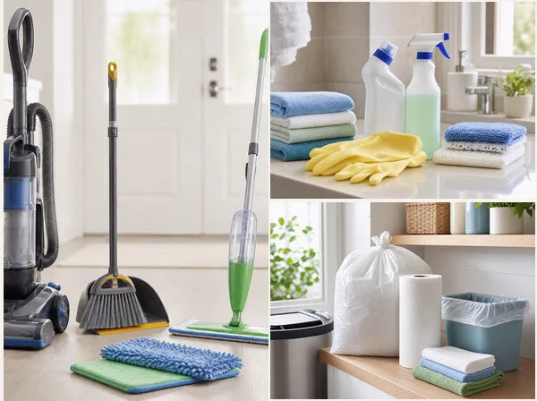 Vacuum, mop, bathroom cleaners, paper towels, and fresh trash bags arranged for a cleaning visit