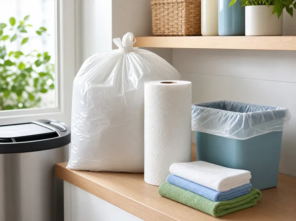 Fresh trash bags, paper towels, clean cloths, and a lined waste bin on a tidy shelf