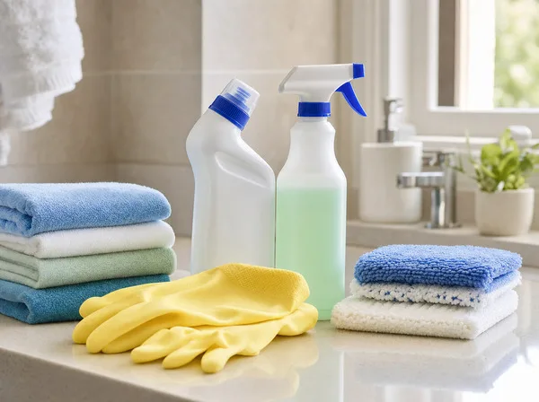 Bathroom cleaning products, folded cloths, mop pads, and yellow gloves on a clean counter